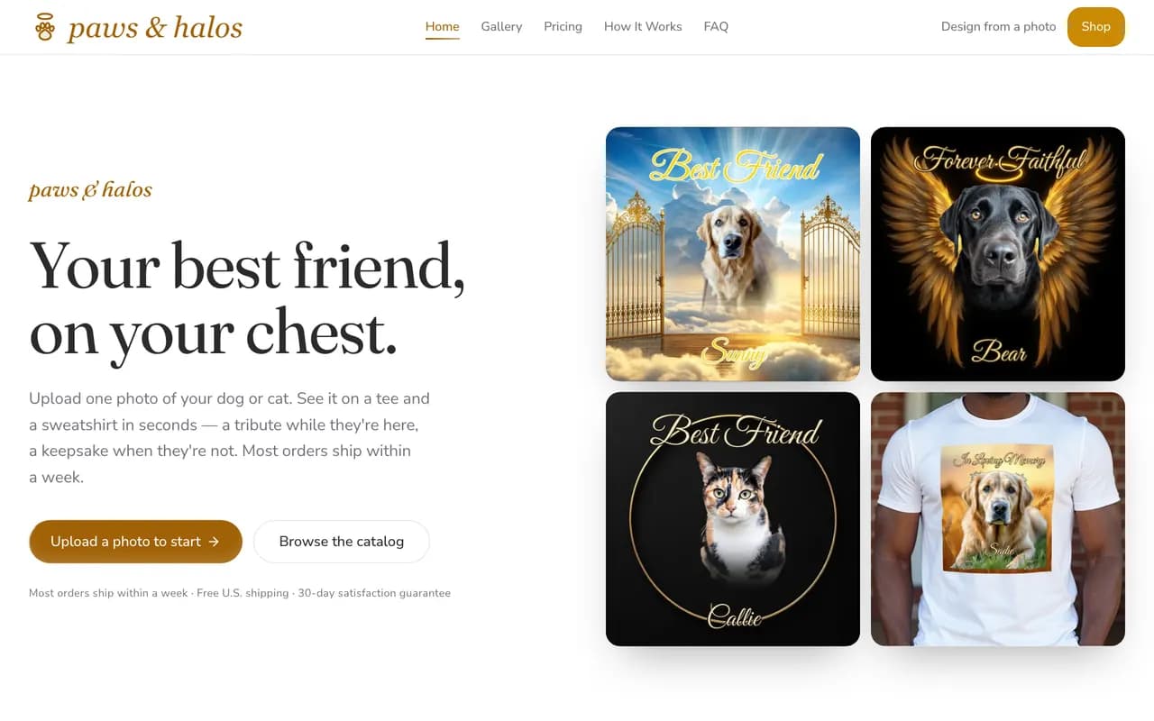 Screenshot of the Paws & Halos website